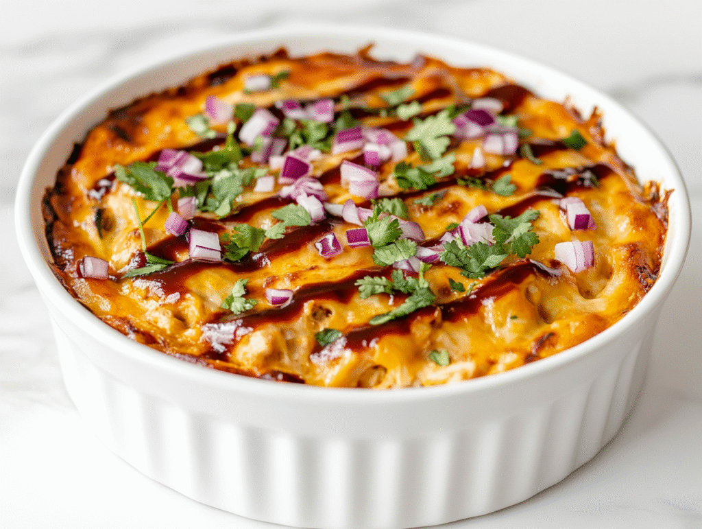 side view of a golden brown BBQ chicken dip served in a white ceramic baking dish. The bubbly cheese topping is perfectly melted and finished with a drizzle of BBQ sauce, chopped red onion, and fresh cilantro. The dish sits on a white marble surface and is ready to be served with chips or crackers.