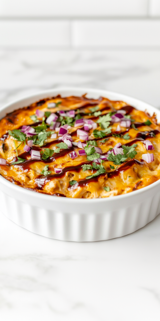 side view of a golden brown BBQ chicken dip served in a white ceramic baking dish. The bubbly cheese topping is perfectly melted and finished with a drizzle of BBQ sauce, chopped red onion, and fresh cilantro. The dish sits on a white marble surface and is ready to be served with chips or crackers.
