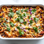 A top-down view of fully baked BBQ chicken nachos served on a white ceramic tray. The nachos are topped with golden melted smoked gouda cheese, juicy BBQ chicken, black beans, corn, chopped red onion, and fresh green cilantro. Everything sits over a bed of crispy tortilla chips, placed on a clean white marble countertop for a fresh and inviting look.
