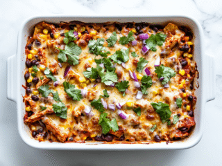 A top-down view of fully baked BBQ chicken nachos served on a white ceramic tray. The nachos are topped with golden melted smoked gouda cheese, juicy BBQ chicken, black beans, corn, chopped red onion, and fresh green cilantro. Everything sits over a bed of crispy tortilla chips, placed on a clean white marble countertop for a fresh and inviting look.