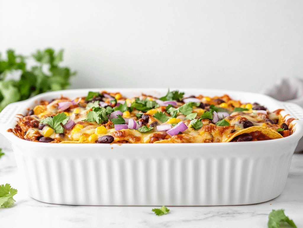 Side view of fully baked BBQ chicken nachos served on a white ceramic tray. The nachos are topped with golden melted smoked gouda cheese, juicy BBQ chicken, black beans, corn, chopped red onion, and fresh green cilantro. Everything sits over a bed of crispy tortilla chips, placed on a clean white marble countertop for a fresh and inviting look.