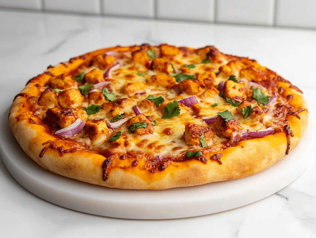 side view of a fully baked BBQ chicken pizza placed on a round white pizza stone. The crust is golden and crispy, topped with melted Colby-Jack cheese, tender chicken cubes, red onions, pepperoncini slices, and freshly chopped cilantro. The white marble background enhances the vibrant colors of the ingredients and cheesy texture.