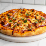 side view of a fully baked BBQ chicken pizza placed on a round white pizza stone. The crust is golden and crispy, topped with melted Colby-Jack cheese, tender chicken cubes, red onions, pepperoncini slices, and freshly chopped cilantro. The white marble background enhances the vibrant colors of the ingredients and cheesy texture.