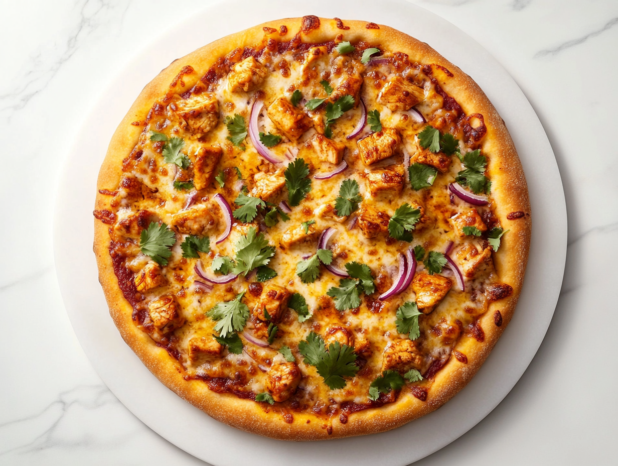Top-down view of a fully baked BBQ chicken pizza placed on a round white pizza stone. The crust is golden and crispy, topped with melted Colby-Jack cheese, tender chicken cubes, red onions, pepperoncini slices, and freshly chopped cilantro. The white marble background enhances the vibrant colors of the ingredients and cheesy texture.