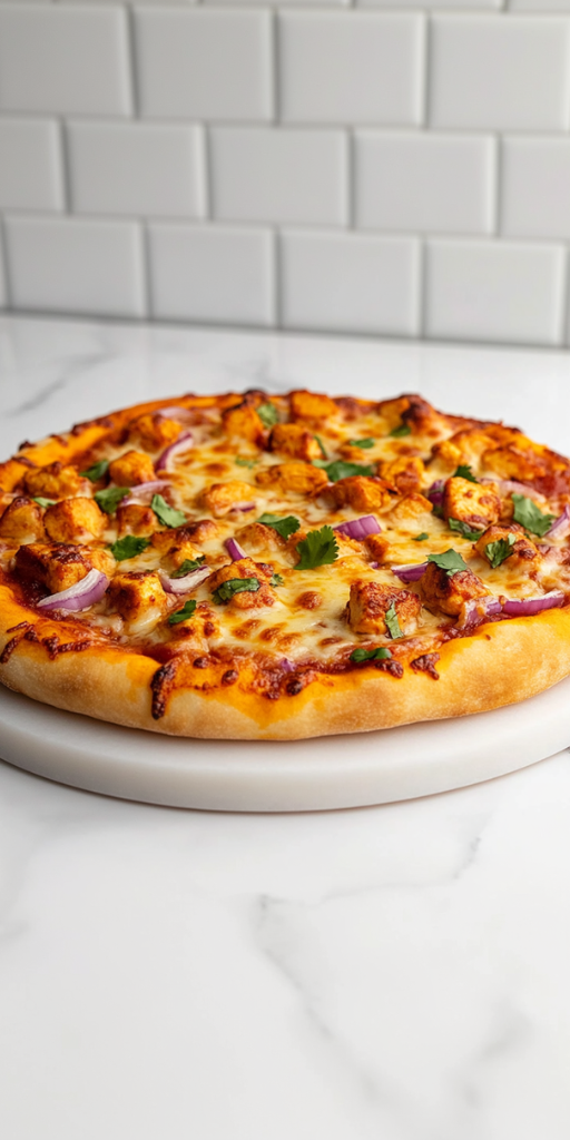side view of a fully baked BBQ chicken pizza placed on a round white pizza stone. The crust is golden and crispy, topped with melted Colby-Jack cheese, tender chicken cubes, red onions, pepperoncini slices, and freshly chopped cilantro. The white marble background enhances the vibrant colors of the ingredients and cheesy texture.