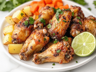 Side shot of a beautifully plated dish featuring golden and crispy baked chicken wings served with diced potatoes, carrots, and a vibrant cilantro garnish. Lime slices add a fresh touch to the dish. The setting is clean and simple, on a white marble countertop, highlighting the colorful ingredients and the succulent chicken wings.