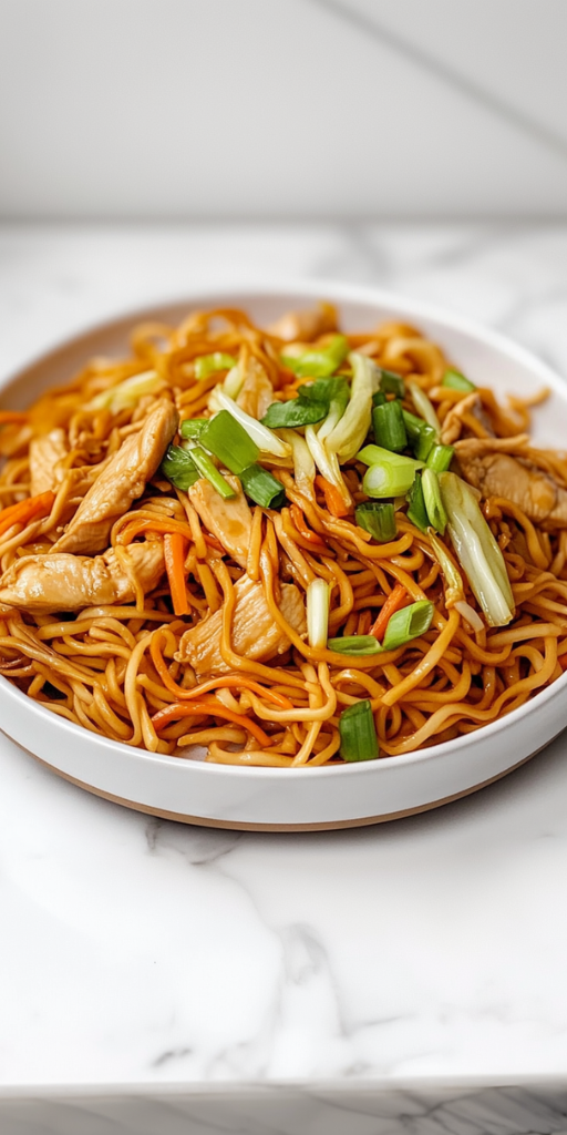 side view of the final chicken chow mein dish served on a white ceramic plate placed on a clean white marble countertop. The noodles are cooked perfectly and coated in a glossy sauce, surrounded by vibrant vegetables like cabbage, carrots, and green onions. Thin chicken strips are spread evenly, making the dish colorful and delicious. The composition is simple, highlighting the textures and colors of the completed chow mein.