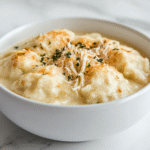 side view of the finished dish showing a white ceramic bowl filled with creamy chicken and biscuit dumplings. The golden, fluffy dumplings are sitting in a thick, savory broth that’s rich with shredded chicken. The bowl is placed on a clean white marble countertop with a minimal background to highlight the comforting appeal of this classic recipe.