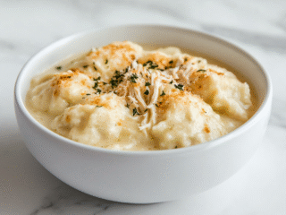 side view of the finished dish showing a white ceramic bowl filled with creamy chicken and biscuit dumplings. The golden, fluffy dumplings are sitting in a thick, savory broth that’s rich with shredded chicken. The bowl is placed on a clean white marble countertop with a minimal background to highlight the comforting appeal of this classic recipe.