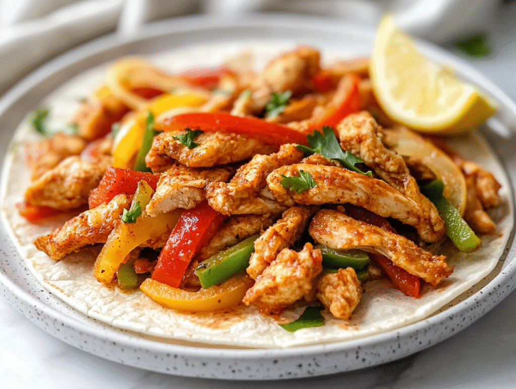 A top-down view of a vibrant plate of air-fried chicken fajitas on warm flour tortillas. The tortillas are filled with crispy chicken tenders, colorful red and green bell pepper strips, and caramelized onions. The plate is placed on a clean white marble countertop, showcasing a deliciously healthy meal ready to serve.