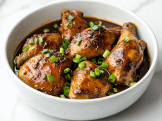 side view of the finished Filipino chicken adobo served in a clean white ceramic bowl. The chicken pieces are tender and glazed in a rich, dark brown sauce, generously garnished with freshly sliced green onions. The bowl is placed on a white marble countertop with a minimalistic setup, perfect for showcasing the vibrant, caramelized texture of the dish and making it appealing for any food enthusiast or home cook.