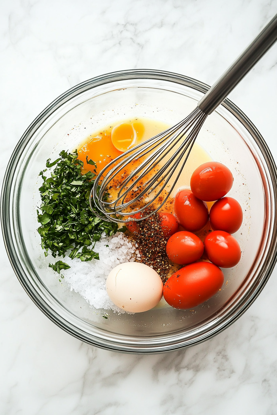 In a bowl, whisk eggs with garlic, salt, pepper, and Italian seasoning.