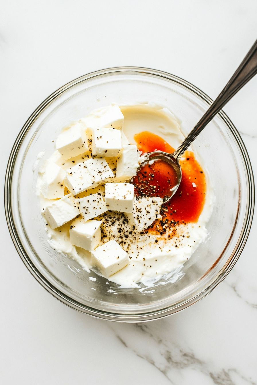 In a large mixing bowl, combine cream cheese, ranch dressing, hot sauce, black pepper, and garlic powder.