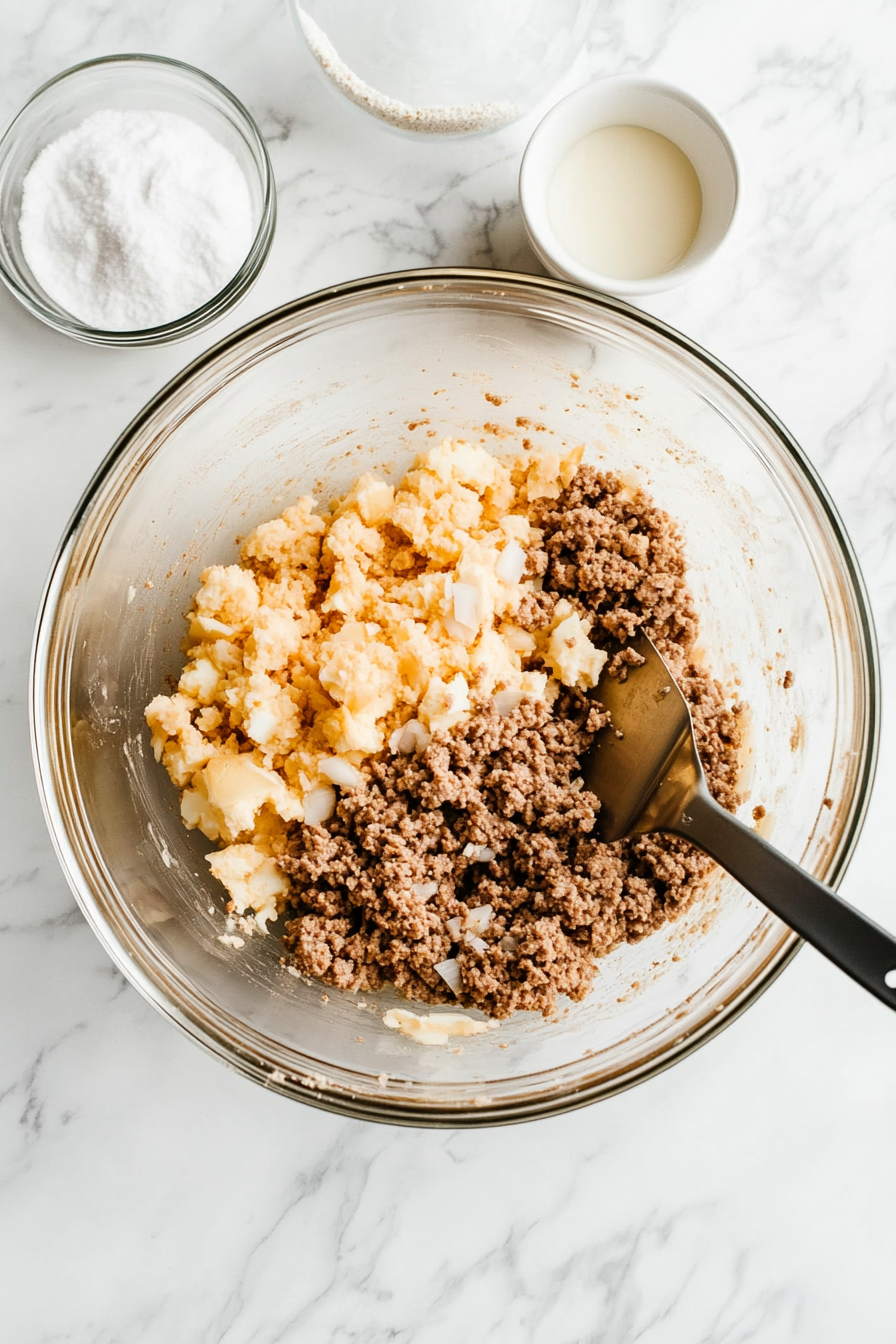 In a large bowl, mix ground beef, bread crumbs, eggs, milk, chopped onion, and salt.