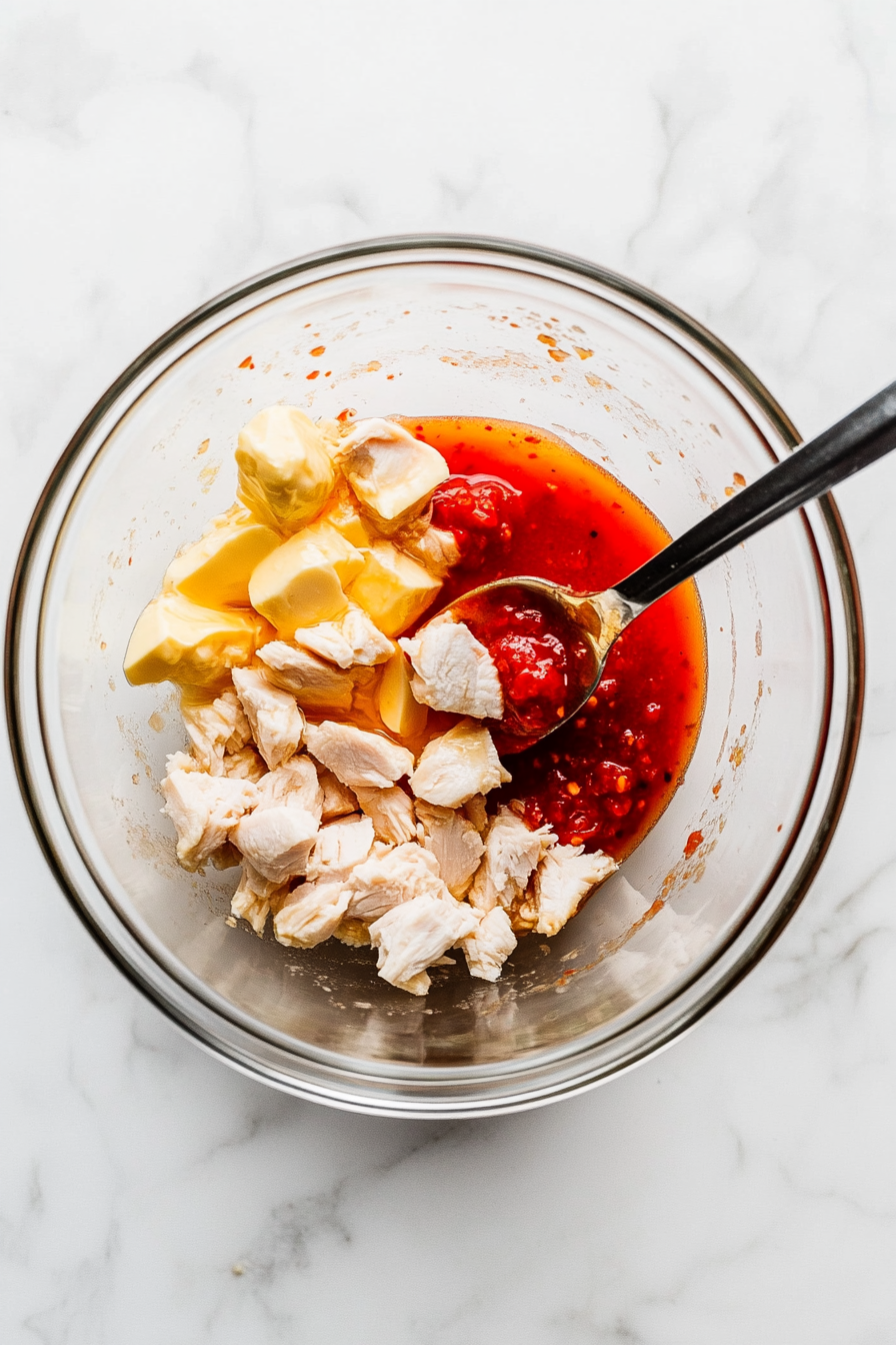 In a bowl, mix diced cooked chicken with hot sauce and melted butter until well coated.