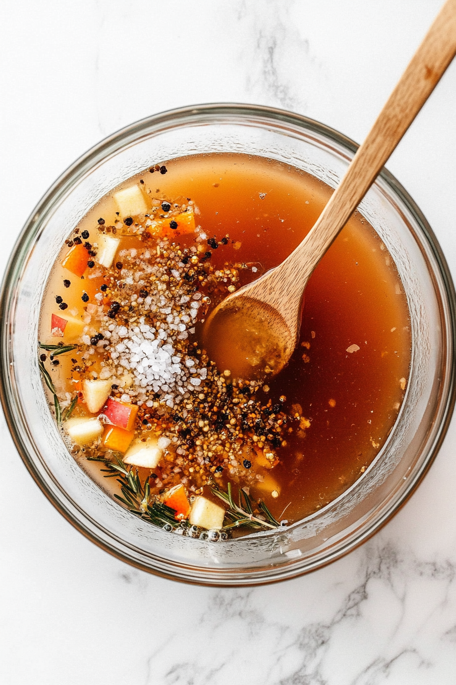 In a large Bowl, combine apple juice or cider, cold water, kosher salt, brown sugar, rosemary, garlic, peppercorns, bay leaves, and orange peel. Stir until salt and sugar dissolve.
