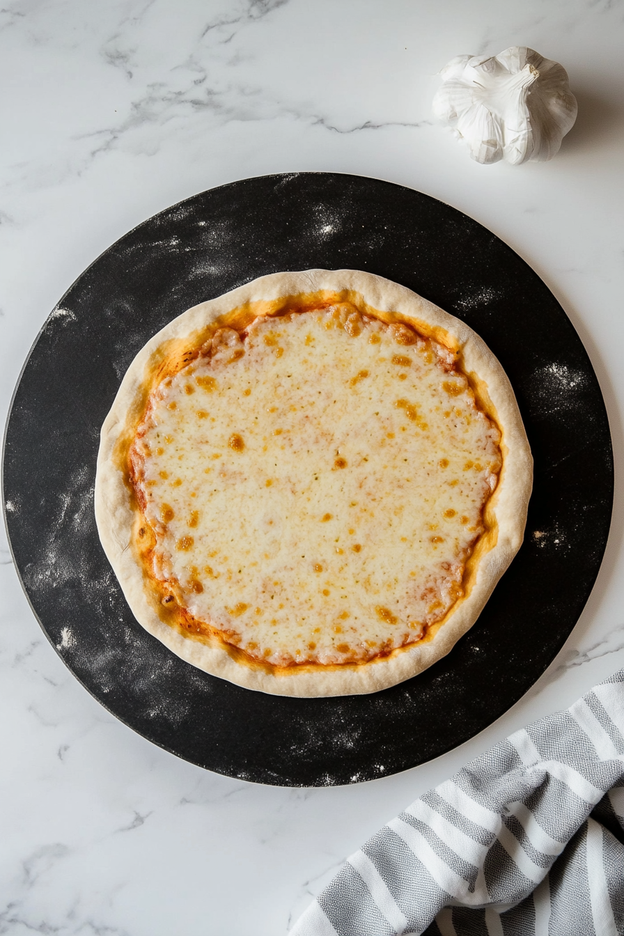 Spread the prepared pizza crust on a baking sheet or pizza stone.