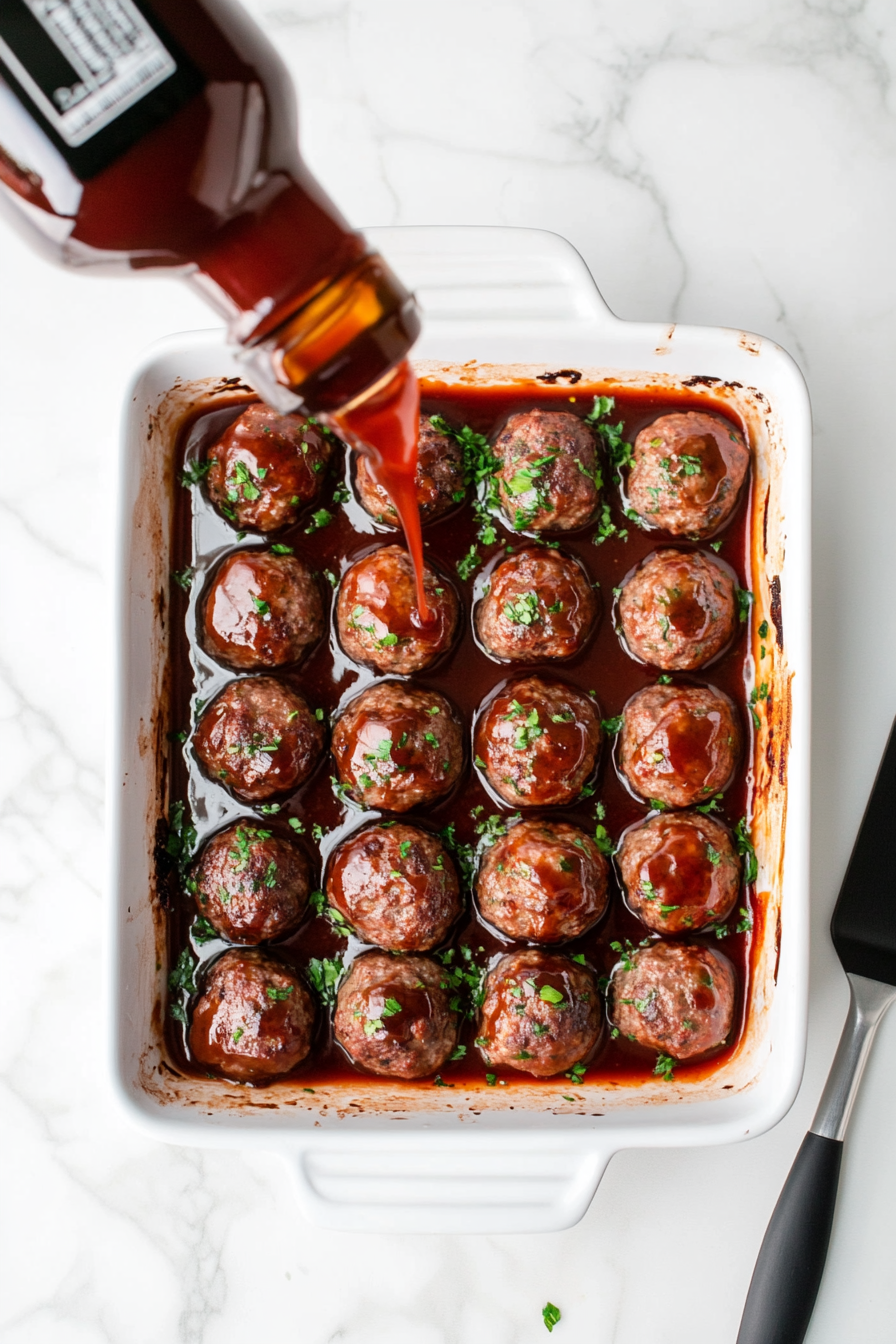 Pour barbecue sauce evenly over the meatballs.