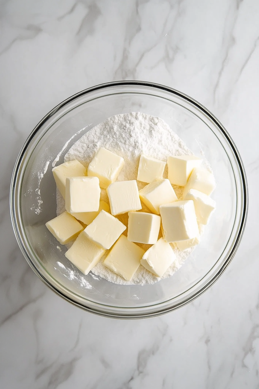 Prepare the dough by mixing flour, salt, sugar, and butter. Add egg and cold water until it forms a dough.