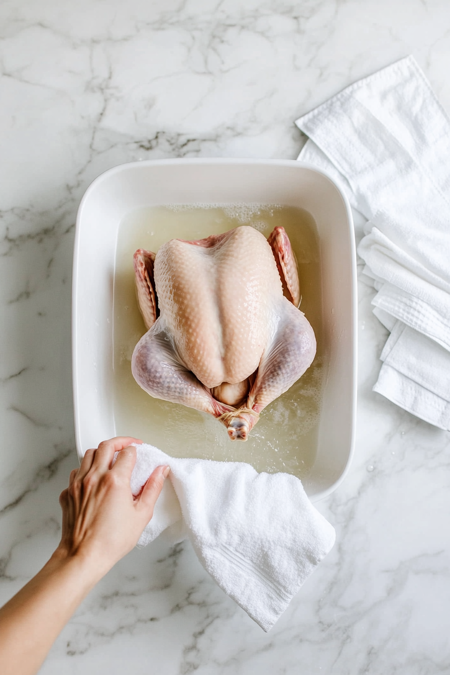 Remove turkey from the brine, rinse well with cold water, and pat dry with paper towels.