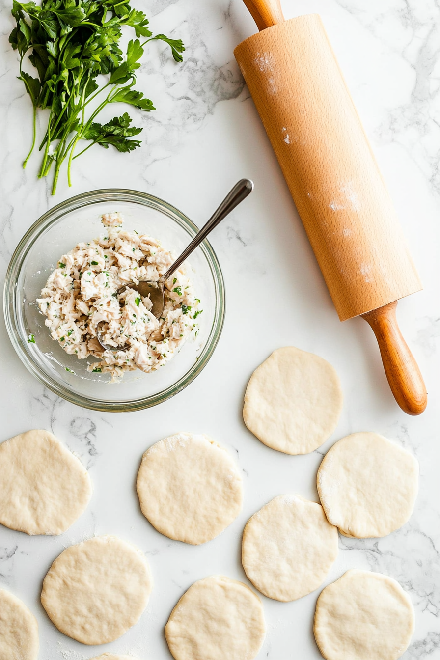 Roll out dough and cut into circles. Fill each with chicken mixture.