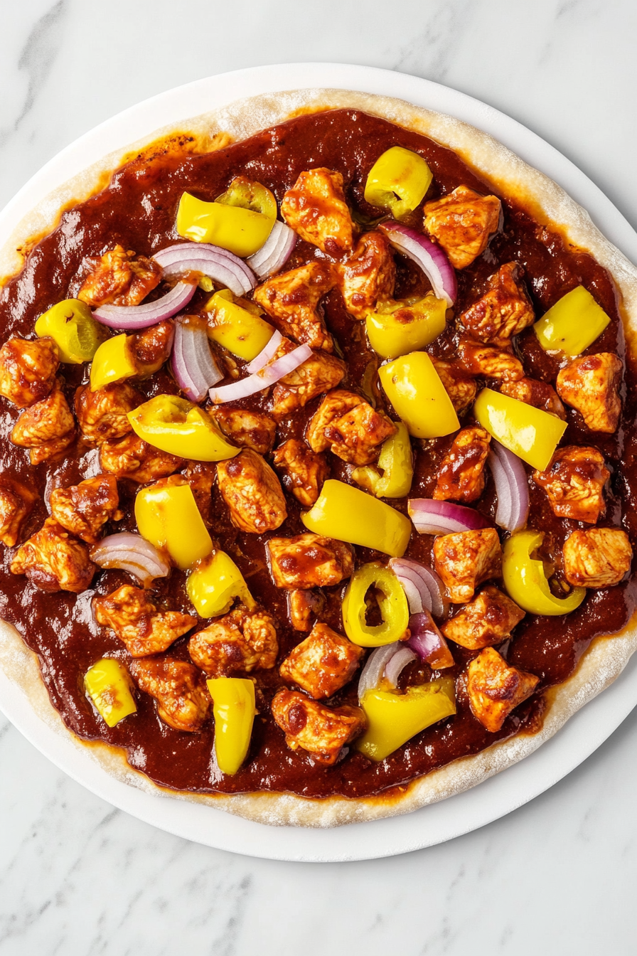 Top-down shot showing cubed cooked chicken, sliced yellow pepperoncini peppers, and chopped red onions being layered over the barbeque sauce-covered pizza crust. These toppings add savory, tangy, and spicy flavors to the pizza. Everything sits on a white pizza stone over a clean white marble countertop, ready for the cheese topping.