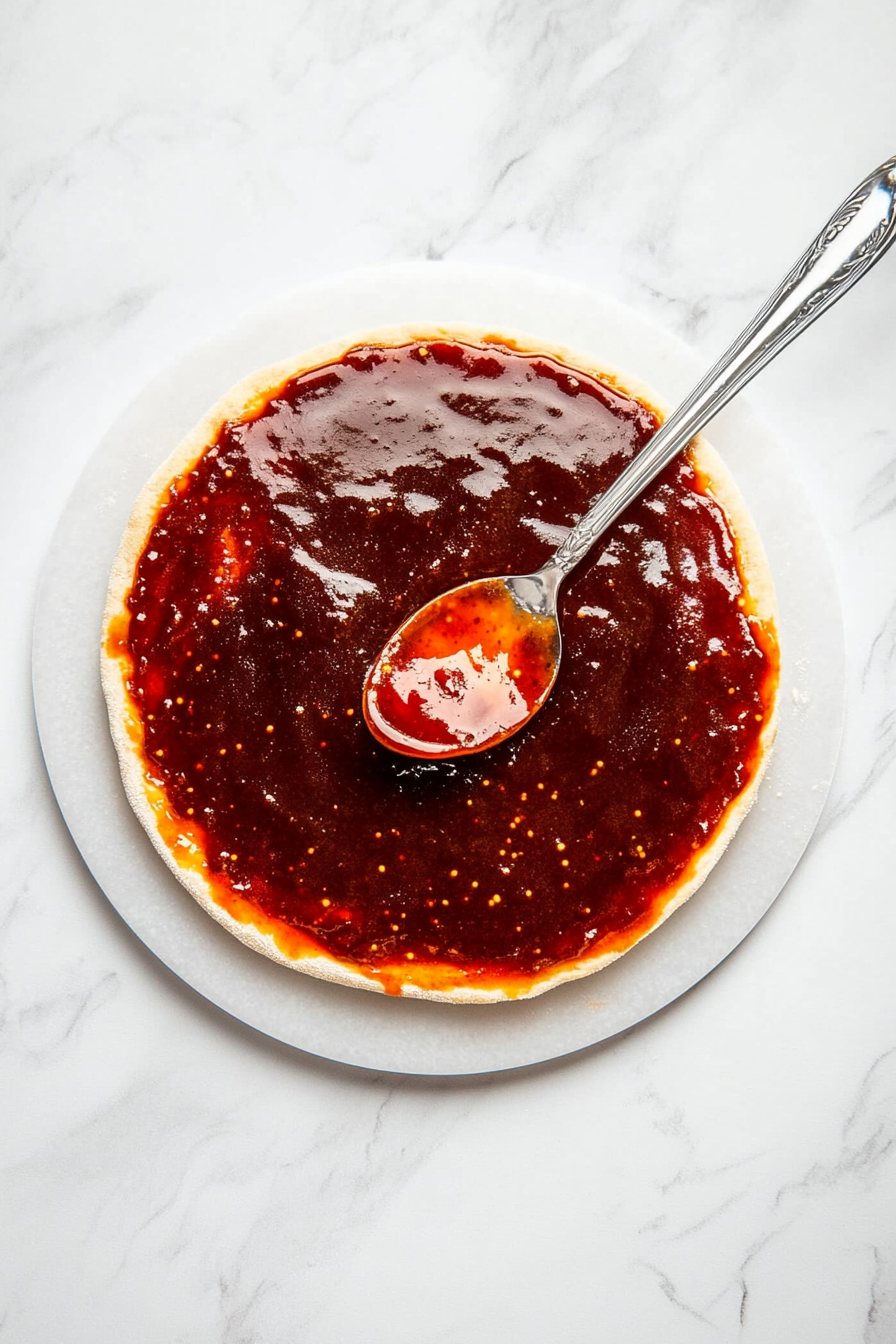 Top-down image of spicy barbeque sauce being spread evenly over a 12-inch pre-baked pizza crust with a silver spoon. The crust is placed on a round white pizza stone over a white marble surface. This step builds the rich, tangy base of the pizza, crucial for flavor and overall balance in each bite.