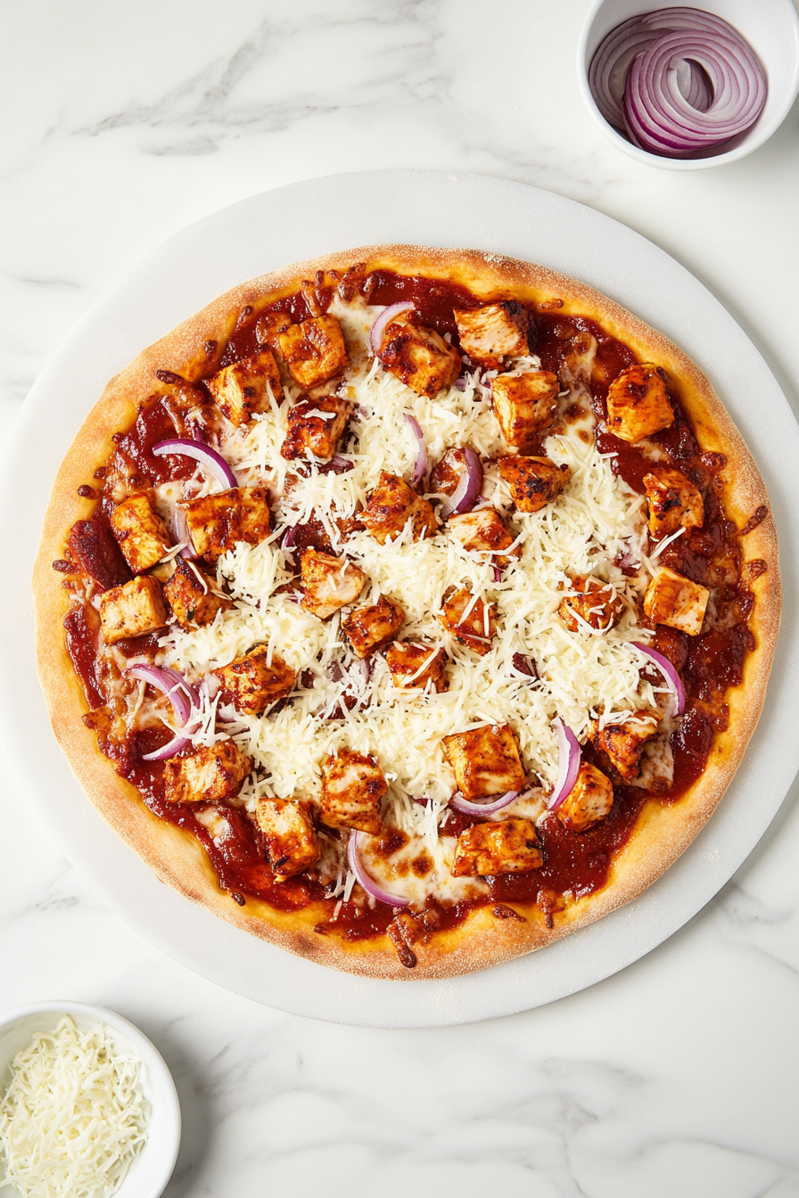 Top-down image of shredded Colby-Jack cheese being sprinkled over the BBQ chicken pizza, covering the chicken, red onion, and pepperoncini toppings. The cheese adds a creamy, melty texture that ties all flavors together. The pizza rests on a white pizza stone placed on a white marble counter, creating a clean and appetizing look.