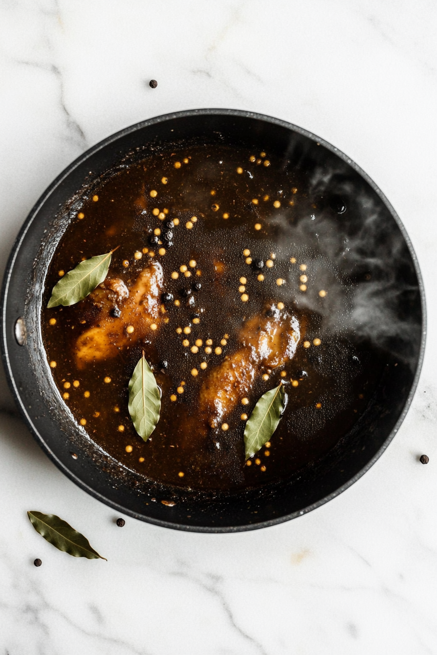 This top-down photo captures the chicken adobo simmering in a black skillet with a partially covered lid. The bubbling sauce is rich and dark with bay leaves and peppercorns clearly visible on the surface. The skillet sits on a clean white marble countertop, maintaining the consistent minimalistic scene. This step shows the final cooking stage where all flavors deepen and the sauce thickens, giving viewers a glimpse of what to expect before finishing the dish.