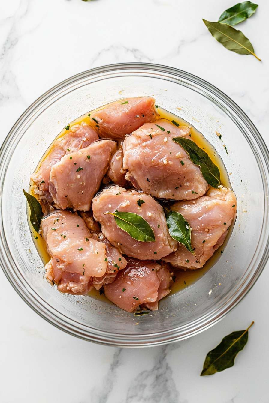 This image captures a top-down view of raw chicken thigh fillets being marinated in a clear glass bowl. The marinade includes soy sauce, white vinegar, minced garlic, and bay leaves, creating a flavorful base for the Filipino chicken adobo. Set on a white marble countertop with a knife, wooden chopping board, and measuring spoons nearby, the clean and organized setup helps demonstrate the marination process clearly and professionally for cooking enthusiasts.