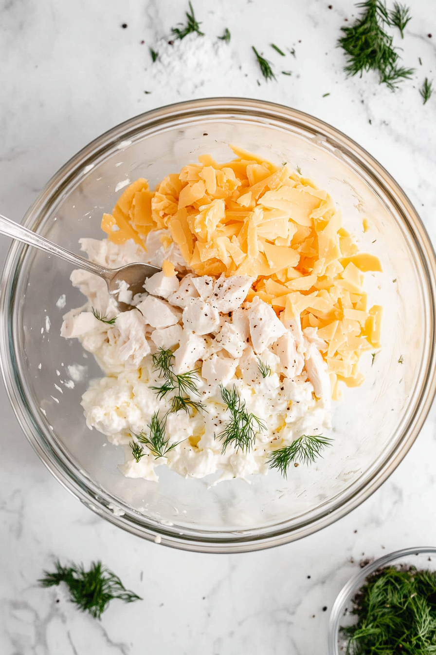 Add eggs, mayonnaise, flour, shredded mozzarella, dill, salt, and pepper. Mix well.