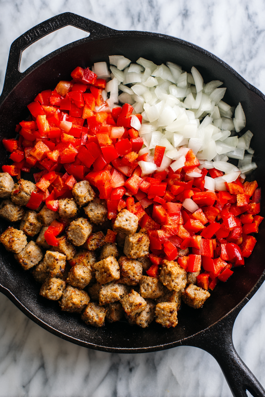 Add diced ham, onion, and bell pepper. Sauté until veggies are tender.