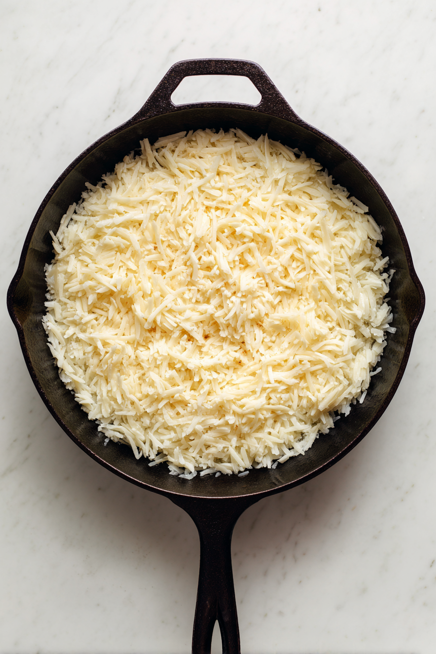 Heat 2 tbsp butter in a skillet over medium heat. Add thawed hash browns, salt, and pepper. Press down and cook until golden and crispy on one side.