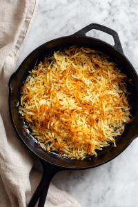 Flip the hash browns, add remaining butter, and crisp the other side. Once golden, transfer to a plate and set aside.