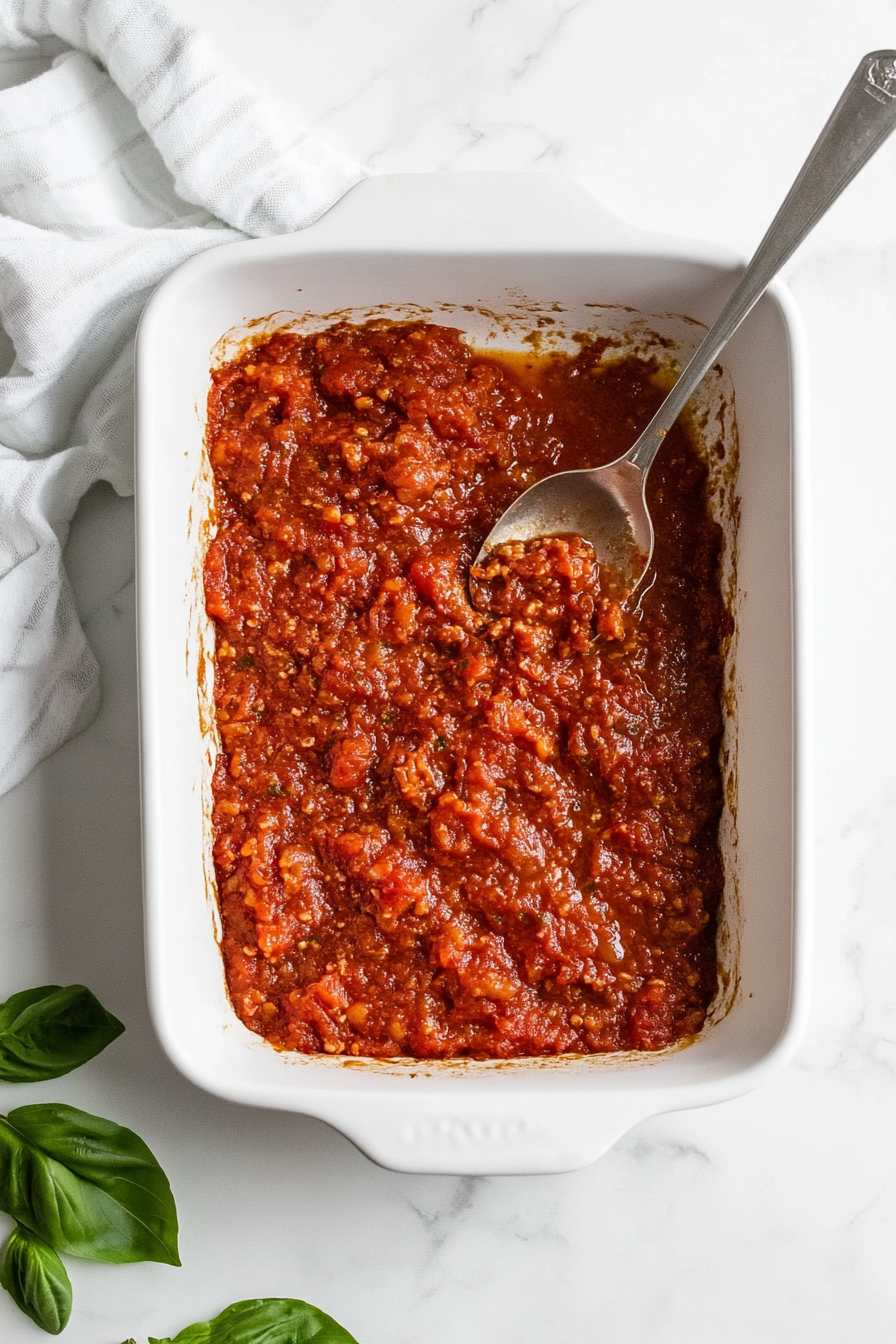 Spread crushed tomatoes over the bottom of the baking dish.