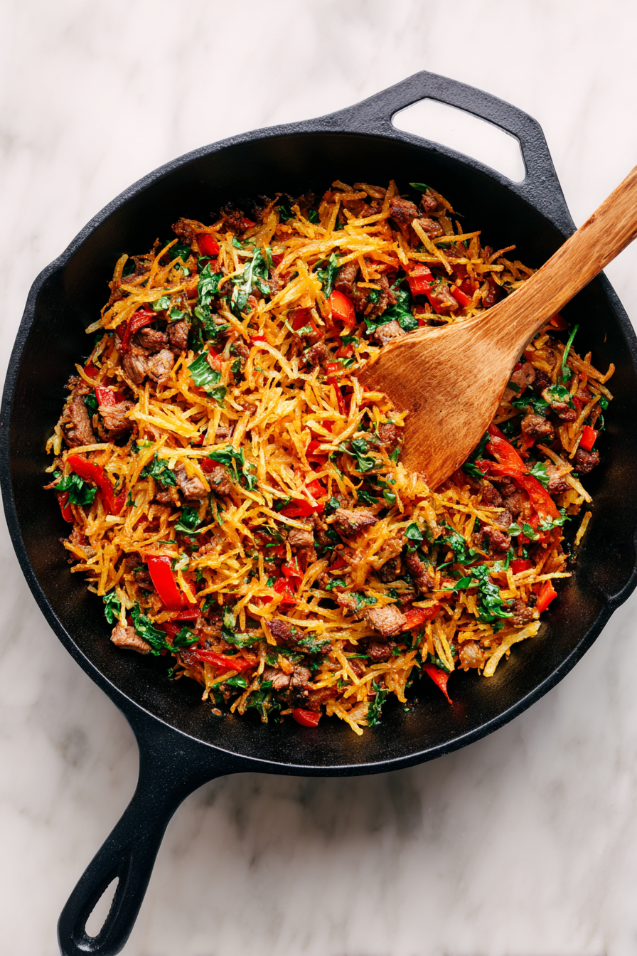 Return hash browns to the pan. Stir everything together gently.