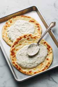 Place flatbreads on a baking sheet and spread a layer of ranch dressing.