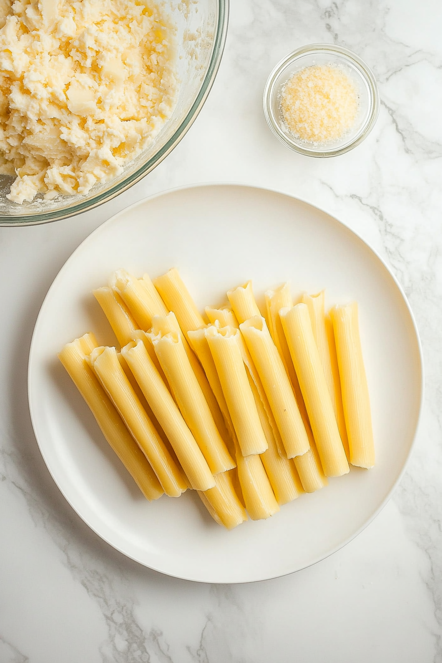 Fill the cooked manicotti shells with the mixture using a spoon or piping bag.