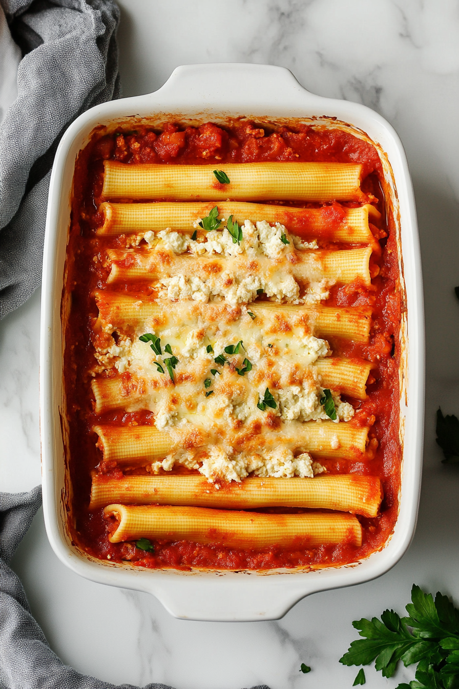 Place stuffed manicotti in the dish and pour remaining tomato sauce on top.