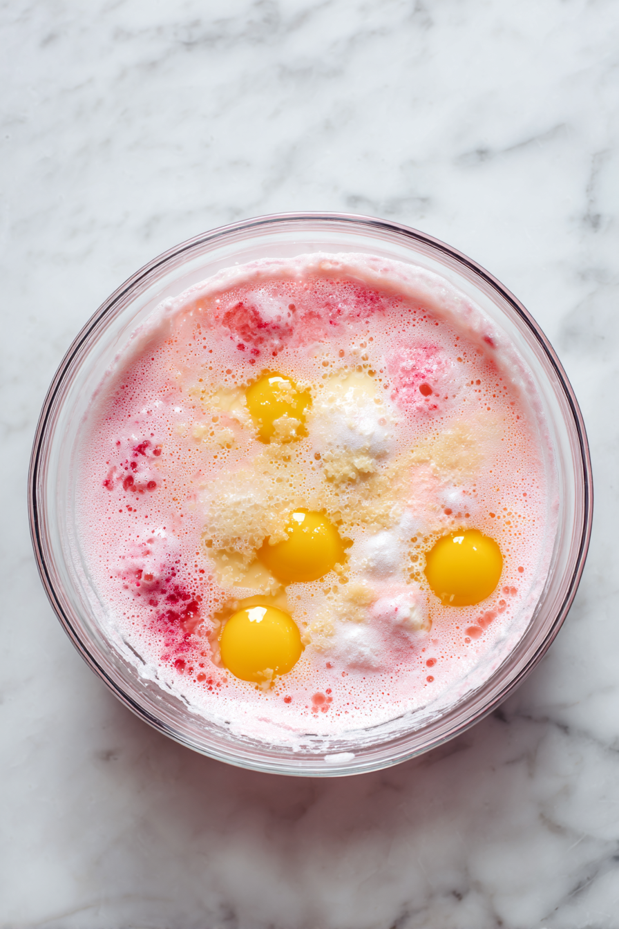 Add the eggs one at a time, beating well after each addition. Mix in the strawberry Jell-O and strawberry purée until combined.