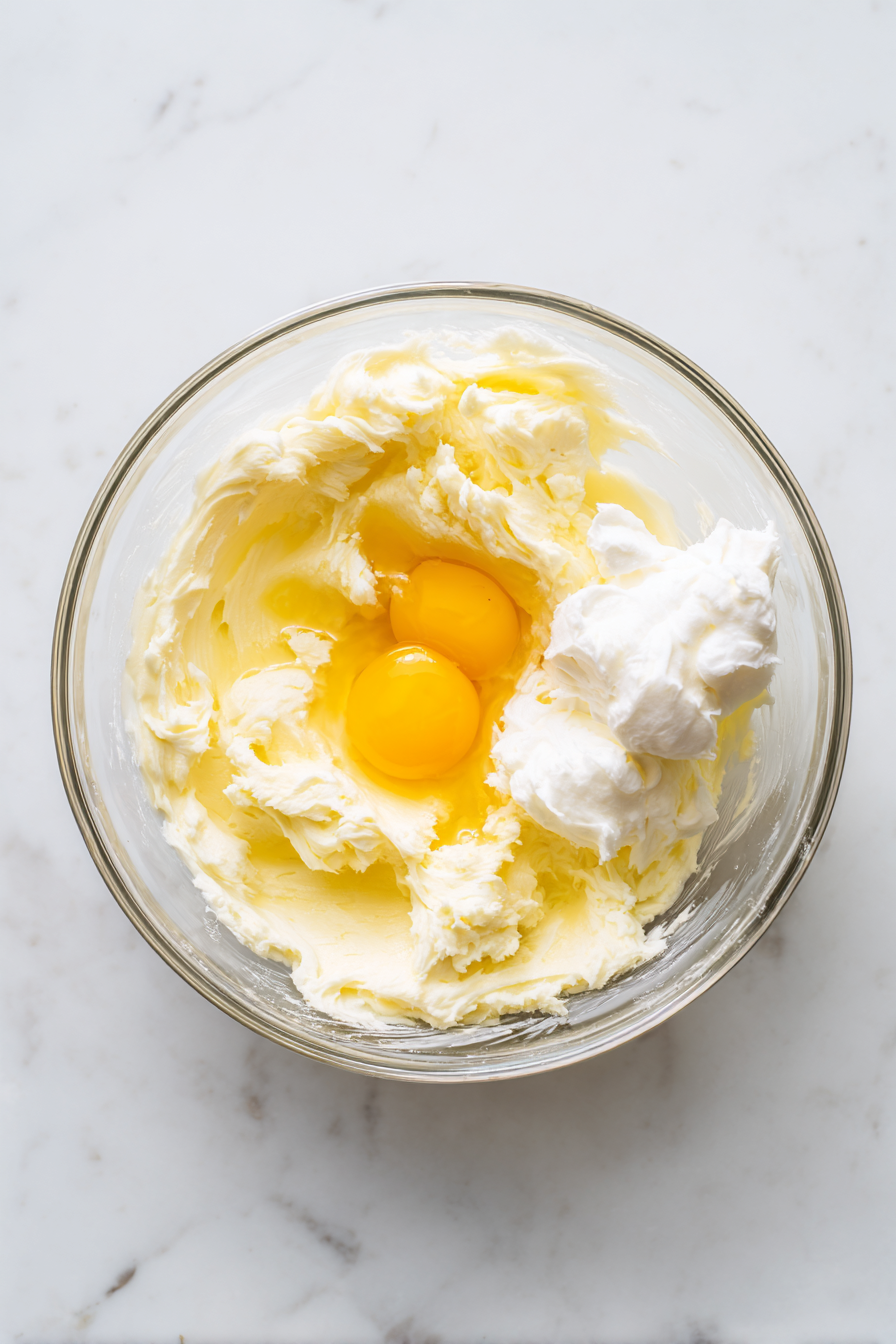 Add eggs, vanilla, and sour cream to the butter mixture, then stir in mashed bananas.