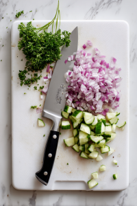 Finely chop the onion, cucumber, and parsley.