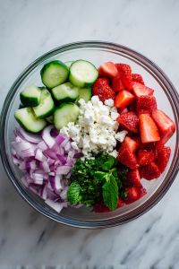 In a large bowl, combine strawberries, cucumbers, onion, feta, and mint.