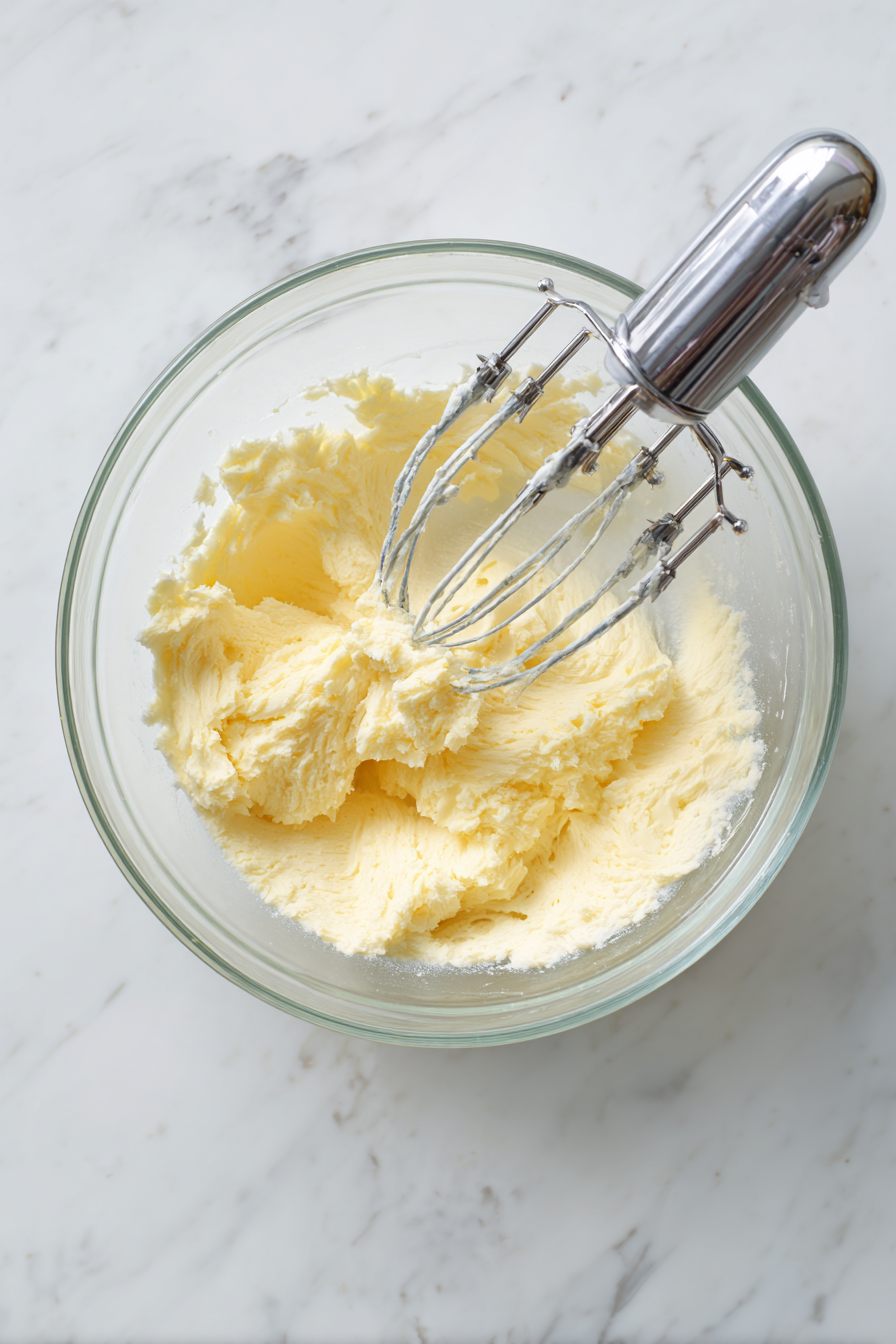 In another bowl, cream together butter and sugar until light and fluffy.