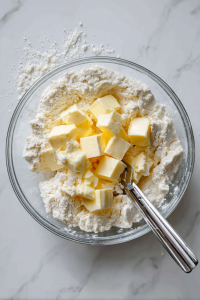 Cut in cold butter until the mixture becomes crumbly.