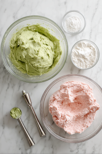 Divide dough in half add matcha to one half and strawberry powder or extract to the other.