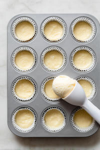 Fill liners ⅔ full with batter and bake for 18–20 minutes. Let cool.