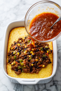 Pour cornbread batter over the meat mixture and spread evenly.