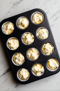 Spoon half the batter into each muffin liner, add a spoonful of cream cheese filling, then top with remaining batter.
