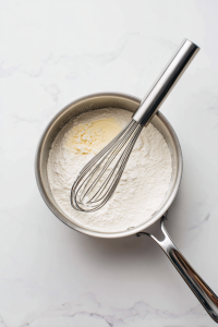 In a saucepan, melt butter, whisk in flour, then gradually add broth to form a thick sauce.